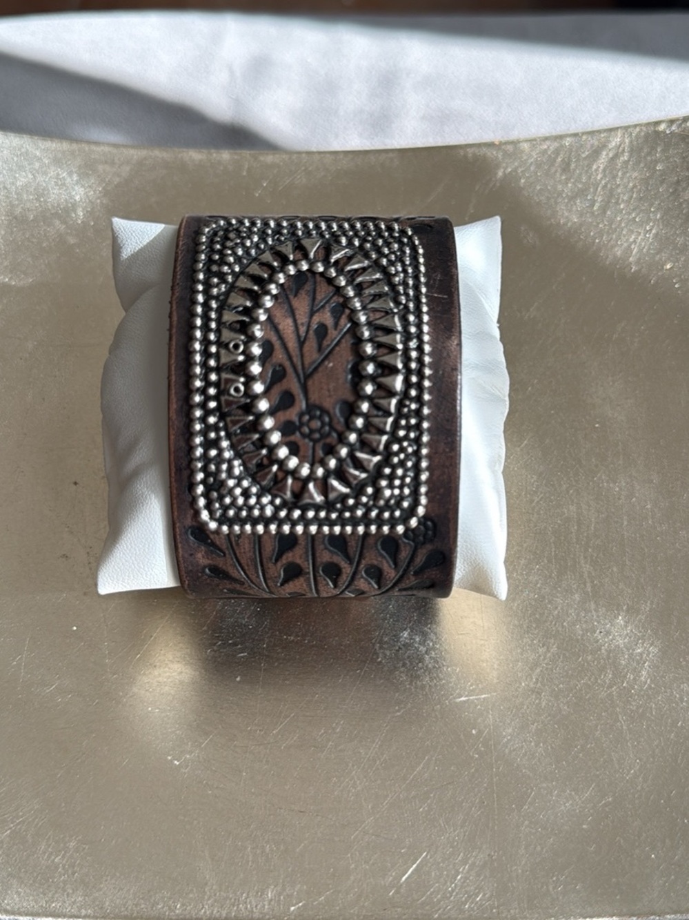 Handcrafted Brown Leather Cuff Bracelet Silver Accent Vintage Shoe Buckle Unique